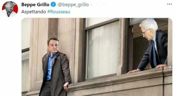 Governo, Grillo posta fotomontaggio con Draghi sul cornicione del Quirinale: «Aspettando Rosseau»