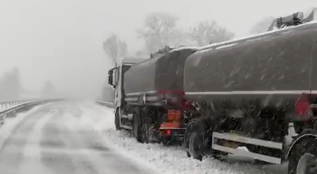Fabriano, primavera solo sulla carta: i camion restano bloccati dalla neve sulla Statale Fabriano, primavera solo sulla carta: i camion restano bloccati dalla neve sulla Statale