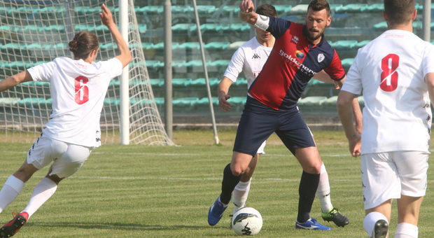 Denis Pesaresi, attaccante della Vigor Senigallia, in azione durante una partita del campionato di Eccellenza