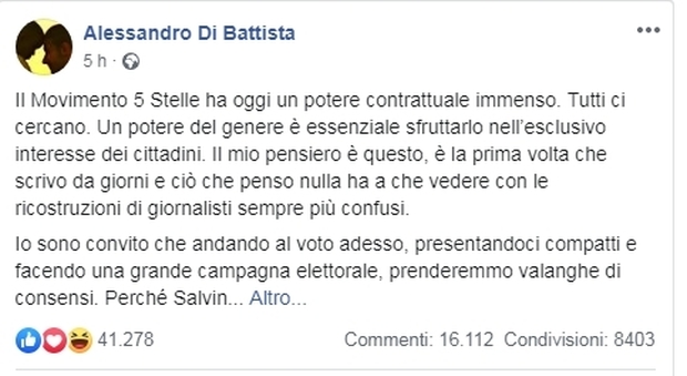 Di Battista attacca Salvini, ira militanti M5S su Facebook: «Vi scavate la fossa»