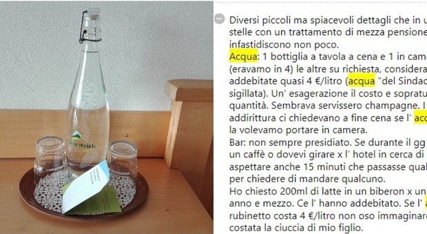Due bottiglie d'acqua 27 euro in un hotel a Bolzano. «Riempite al rubinetto, dovevano essere gratis»