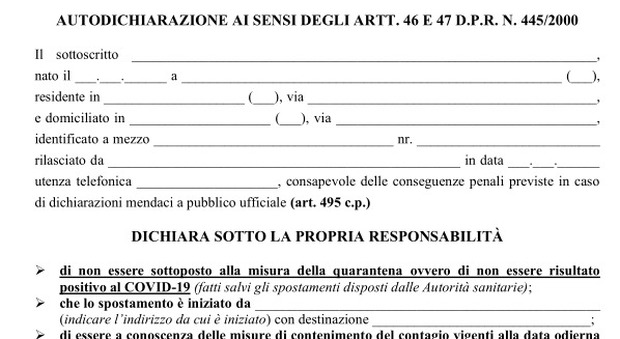Autocertificazione coronavirus, nuovo modulo: scarica. Gabrielli: colpire i furbi Autocertificazione coronavirus, nuovo modulo: scarica. Gabrielli: colpire i furbi