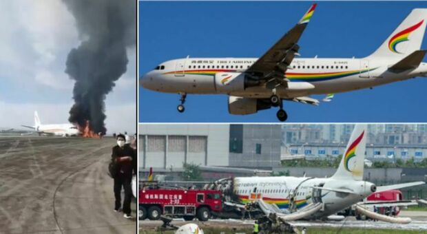 Fuga dall'aereo in fiamme per i passaggeri del volo per il Tibet: decollo abortito e Airbus 319 fuori pista Video Foto