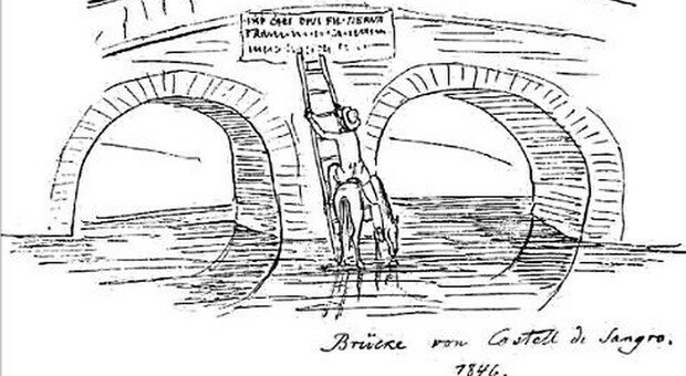 Theodor Mommsen ispeziona l’iscrizione del Ponte della Maddalena a Castel di Sangro nel settembre del 1846 (disegno di J. Friedländer). Theodor Mommsen ispeziona l’iscrizione del Ponte della Maddalena a Castel di Sangro nel settembre del 1846 (disegno di J. Friedländer).