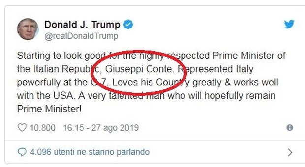 Trump su Twitter: «Speriamo che Conte resti premier»