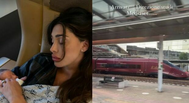 Belen Rodriguez torna a lavorare a una settimana dal parto: sul treno verso Roma con la sua Luna Marì
