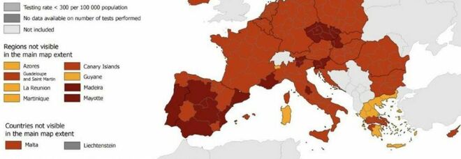 Sardegna zona arancione, Umbria, Trento e Bolzano rosso scuro nella mappa Ue