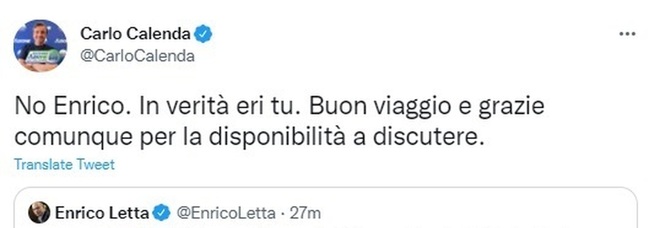 Calenda e Letta, l'addio su Twitter: «Azione alleato solo con sé stesso» e lui taglia corto: «Buon viaggio»